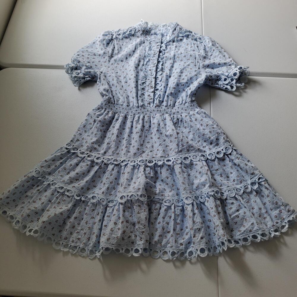 The Shirt Rochelle Behrens Dress Womens Small Blue Floral Puff Sleeve Tiered